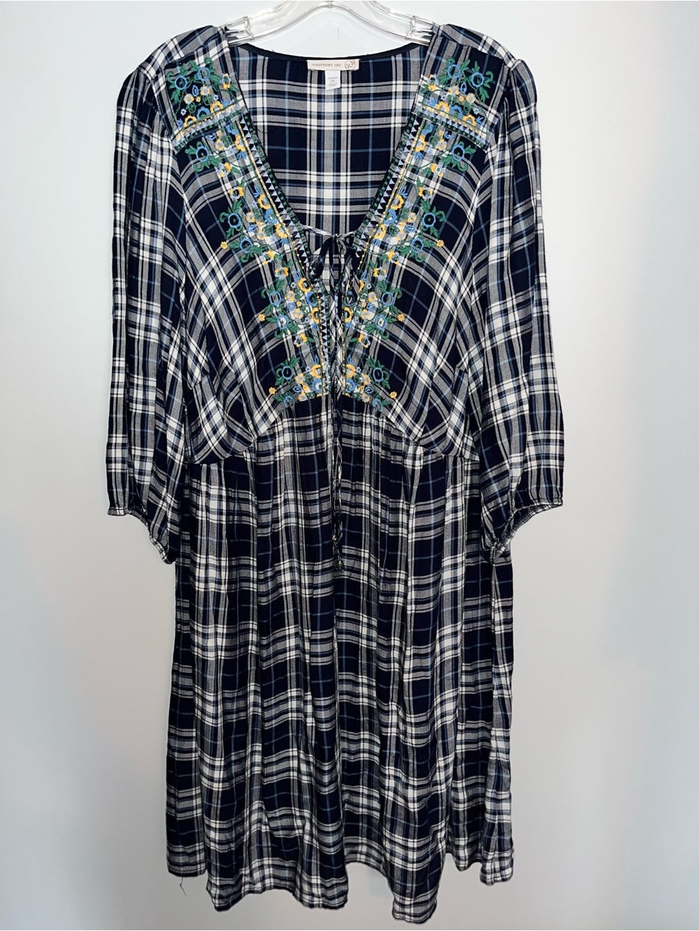 Westport Navy and White Plaid Midi Dress with Embroidered V-Neck